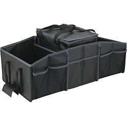 Black Laminated non-woven PP material Boot Organiser with three extra large interior compartments; expands to 71 x 35.5cm; folds flat for easy storage & transport; carry handles; 4 mesh side pockets; contains a removable 28 can zippered cooler Black Laminated non-woven PP material Boot Organiser with three extra large interior compartments; expands to 71 x 35.5cm; folds flat for easy storage & transport; carry handles; 4 mesh side pockets; contains a removable 28 can zippered cooler