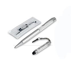Pen: barrel: ABS; AS & aluminium; clip; tip & trim: polised chrome; with black German ink; Stylus: ABS & AS; PVC presentation pouch Pen: barrel: ABS; AS & aluminium; clip; tip & trim: polised chrome; with black German ink; Stylus: ABS & AS; PVC presentation pouch
