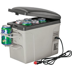 Travel Cooler/Warmer Box with padded top; holds up to 9 cans; 2 exterior cup holders; warm or cool settings; power supply; power source options: wall or car adaptor Travel Cooler/Warmer Box with padded top; holds up to 9 cans; 2 exterior cup holders; warm or cool settings; power supply; power source options: wall or car adaptor