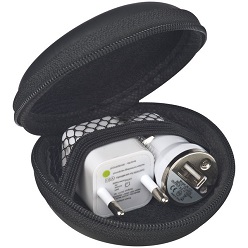 Travel set containing of a USB car charger and a USB plug socket - packed in a zip around case Travel set containing of a USB car charger and a USB plug socket - packed in a zip around case