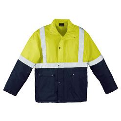 Two tone Water resistant polyester Jacket with adjustable cuffs; storm flap; concealed hood and two front pockets; reinforced seams and bar-tacked finish on all pressure points; high visibility reflective tape; padded and fully lined; unisex (Priced from S) Two tone Water resistant polyester Jacket with adjustable cuffs; storm flap; concealed hood and two front pockets; reinforced seams and bar-tacked finish on all pressure points; high visibility reflective tape; padded and fully lined; unisex (Priced from S)