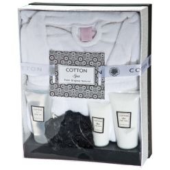 Wellness Gift Set with soft; white Bathrobe and delicately perfumed shower gel; body lotion; hand cream; a shower sponge; presented in beautiful gift box with ribbon Wellness Gift Set with soft; white Bathrobe and delicately perfumed shower gel; body lotion; hand cream; a shower sponge; presented in beautiful gift box with ribbon