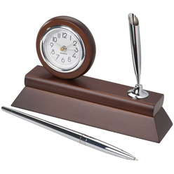 Wooden desk clock with pen holder and chromed ball pen Wooden desk clock with pen holder and chromed ball pen