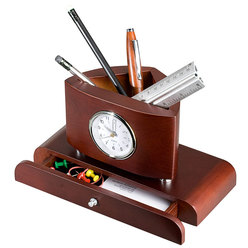 Wooden desk organiser consist of a pen holder; a quartz clock in retro style and a small drawer for your personal things Wooden desk organiser consist of a pen holder; a quartz clock in retro style and a small drawer for your personal things