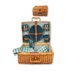Woven Picnic Basket with green and white inner lining; includes 4 x green plates; mugs; knives; forks; spoons Woven Picnic Basket with green and white inner lining; includes 4 x green plates; mugs; knives; forks; spoons