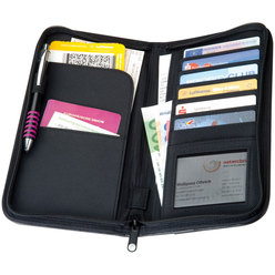 Zip around travel wallet with modern quilt pattern; plaque; numerous compartments; and a pen loop Zip around travel wallet with modern quilt pattern; plaque; numerous compartments; and a pen loop