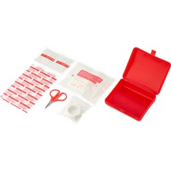 10 Piece first Aid Kit in plastic box, features: plastic first aid kit, 5 plasters, 2 alcohol pads, 1 non-woven tape, 1 pair of scissors, 1 non woven sponge