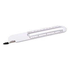 10cm ruler louper in the middle, small pen integrated in the ruler, black ink