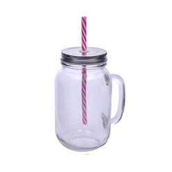 Glass Jar with handle, lid & straw. Sold only in full cartons of 12 pieces