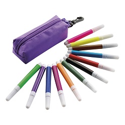 12 small plastic felt tip pens, packaging a 70D polyester zippered pouch plastic belt clip attachment