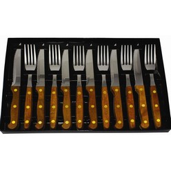 12pc stainless steel steak knife and fork set with brown wooden handles in gift box