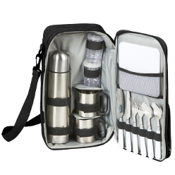 13 Piece travel picnic set: Main zippered compartment, front zippered compartment, adjustable/removable shoulder strap, 2Knives, 2forks, 2 spoons, 2 stainless steel cups, 2 storage canisters, 750ml stainless steel flask, PE Cutting board