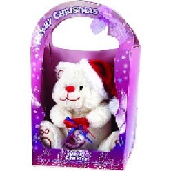 13cm teddy bears in a open display gift bag. Teddy bears wearing various clothing and a Christmas hat.