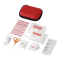 1 sterile non woven pad, 1 roll bandage, 1 triangle bandage, 2 safety pins, pair of scissors, 4 alcohol pads, 5 adhesive sterile strips, 1 small roll of tape