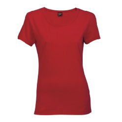 A ladies option in an industry standard weight. Garment features, feminine lines and neck shape. Durability is enhanced by double top-stitched neck rib, hem and sleeves. 160g, 100% super carded cotton jersey fabric, Round scoop neck, Shaped sides for more flattering, famine fit, Abbreviated sleeves.