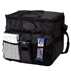 18 Can Cooler with 2 Front Mesh Pockets, Heat Sealed PEVA Lining, Zippered main compartment, Bottom Stiffener, Zippered front pocket.