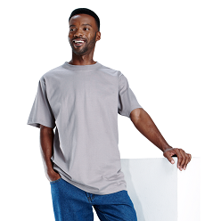 New durable Barron T-shirt with double-needle finish on sleeves and hem, Includes double top-stitched armholes and neckline. Dyed with reactive dye. 180g cotton, single jersey fabric, Lycra-reinforced neck rib, Shoulder-to-shoulder tape with self fabric binding.