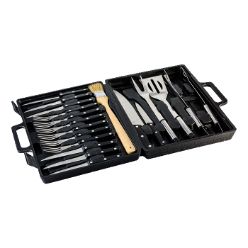 6 steak knives, cutting board, 6 steak forks, basting brush, Utility knife, chef knife, fork, spatula, tongs, packaged in a plastic case