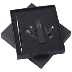 2 Piece Tech gift set: 3-in-1 USB Adaptor, exclusive ballpoint pen, standard black gift box included