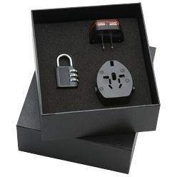 2 Piece Travellers Gift set: Universal travel adaptor, combination lock, standard black gift box included