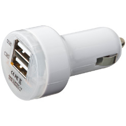 Car charger with 2 USB connections for hassle free charging of smart phones. tablets and cameras