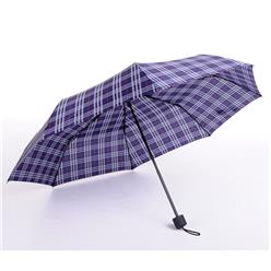 21 inch Navy check pattern fold-up umbrella, manual open, pongee material, black zinc coated shaft and ribs, good quality frame and opening mechanism, black rubberised handle
