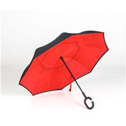 23 inch Inverted umbrella, double layer pongee material, steel frame and ribs, push button opening mechanism, hooked circular handle