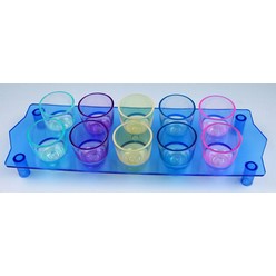 A 25ml Bulk shot glass tray x 12 that is available in various colours that can be customised with Pad printing with your logo and other methods.