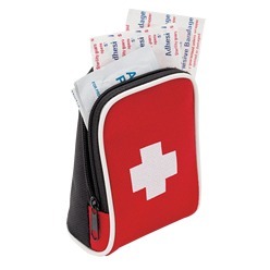 First aid kit with backpack straps and zipper closure, includes bandage, I style bandage, H style bandage, swab, PBT bandage, clip and health tape in red nylon bag with white trim