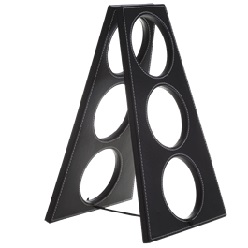 Black PU Wine Stand with white contrast stitching, foldable design for 3 bottles