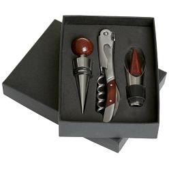 3 Piece Barware Gift set, Corkscrew / Bottle Opener/ Foil cutter, Bottle Stopper, Pourer, Gift Box included, Stainless Steel / Rosewood