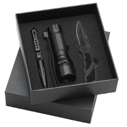 3 Piece Outdoor Tool Gift set: Torch, Aluminium body, wrist strap, on/off button, 3AAA Batteries included. Knife: stainless steel blade, belt clip, texture grip. Utility pen: Textured body, metal clip, twist action mechanism, glass breaker. Gift box included.