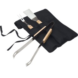 3 Piece braai set in case, features: fold over carry with tie straps, wood handles, steel braai tools, spatula, fork, tongs