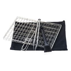 Stainless steel grill, stainless steel tongs, cleaning brush, carry bag