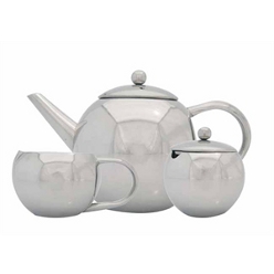 3 Piece stainless steel tea set includes teapot, milk and sugar bowl