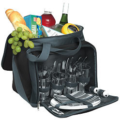 4 Person Picnic Set in black and grey cooler bag including main zippered cooler compartment, carry handle and adjustable shoulder strap, 4 x knives, forks, spoons, wine glasses, plates, napkins and a salt & pepper shaker and bottle opener