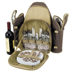 Khaki and brown Picnic set includes 4 x plastic wine glasses, plates, forks, knives, spoons, fabric napkins, corkscrew, bottle opener, with detachable insulated wine bottle holder, zip open insulated storage compartment and small zip pocket
