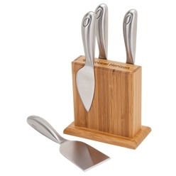 Bamboo mounting block with magnet includes soft cheese knife, crumble cheese knife, hard cheese knife and fork tipped soft cheese knife, curved design handles with oval detail