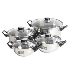 Stainless steel cooking set includes 16cm casserole pot, 20cm casserole pot, 18 cm casserole pot and 24cm casserole pot each with a clear glass lid with bakelite handles
