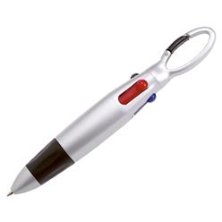 Sliver sprayed plastic pen with carabiner-type clip and rubber grip, can be combined with lanyard, with black, blue, red and green ink.