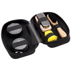 5 Piece Shoe Shine Travel Kit:Shoe wax, foam shoe polish, large polishing brush, small polishing brush with handle, cotton polishing cloth, carry case, zippered closure, elastic holding straps