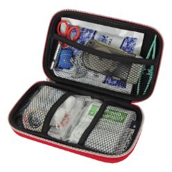 Supplied in EVA Case, pe printed firs aid kit logo 1 emergency dynamo torch, 2 PBT bandages, pair of scissors, Emergency blanket, 4 cleansing wipes, 5 Gauze pads, 10 Alcohol pads, 10 plasters, 1 triangular bandage, 1 ice pack, 1 non woven tape, 10 safety pins, whistle, multi purse pocket survival tool, tweezers, elastic strap