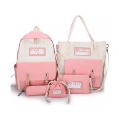 5pc Ladies bag set including backpack with zippered compartment and front pouch, tote bag with front pouch and carry handles and shoulder strap, small pouch with shoulder strap, pencil case and jewellery bag with rope handles.