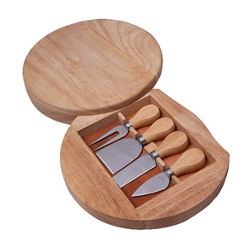 5pc Stainless steel cheese knife with round wood cheese board and storage drawer