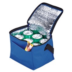 Recyclable non-woven polypropylene Can Cooler with foil lining, holds a 6 pack, fully insulated with carry handle and front pocket