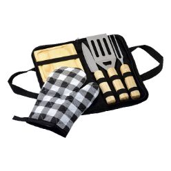 carry bag, oven glove, wooden cutting board, steel knife, fork, spatula