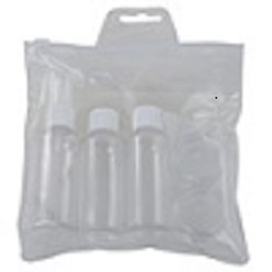 6 Piece travel bottle set includes 2 x cream bottles, 1 x funnel, 2 x capped bottles and 1 x spray bottle in a PVC pouch