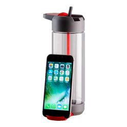 Durable tritan plastic , flip top drinking spout, integrated carry handle, slide out phone holder