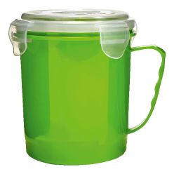 Plastic microwaveable mug, integrated handle, lid with locking clips