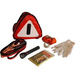7pc emergency car kit includes tow rope, jumper cable, gloves, torch, puncho and bag with red reflector